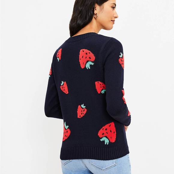 LOFT Strawberry V-Neck Sweater in Navy Blue Size X-Small - Picture 2 of 10